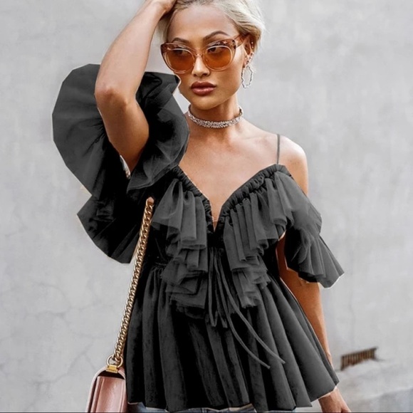 Black Off the Shoulder Lace Up Tulle Layered Blouse Size Small - Picture 8 of 8